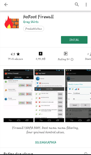 Mengunduh aplikasi NoRoot Firewall (atau NetGuard) dari Google Play Store