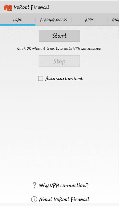 Tampilan utama NoRoot Firewall dengan menu Pending, Home Access, dan Apps