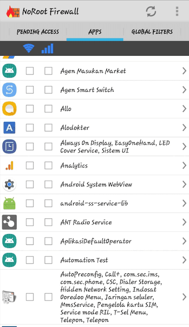 Memilih aplikasi di menu Apps NoRoot Firewall untuk memblokir iklannya