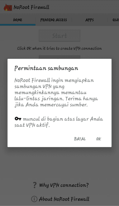 Notifikasi NoRoot Firewall berhasil aktif setelah menekan tombol Start