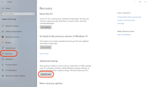 Tombol Restart now pada Advanced Startup di menu Recovery Windows 10