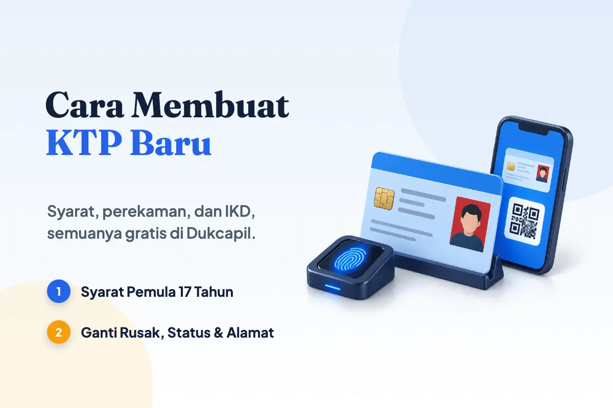 Cara membuat KTP: kartu KTP-el biru bercip berfoto latar merah, pemindai sidik jari, dan ponsel berisi KTP digital IKD