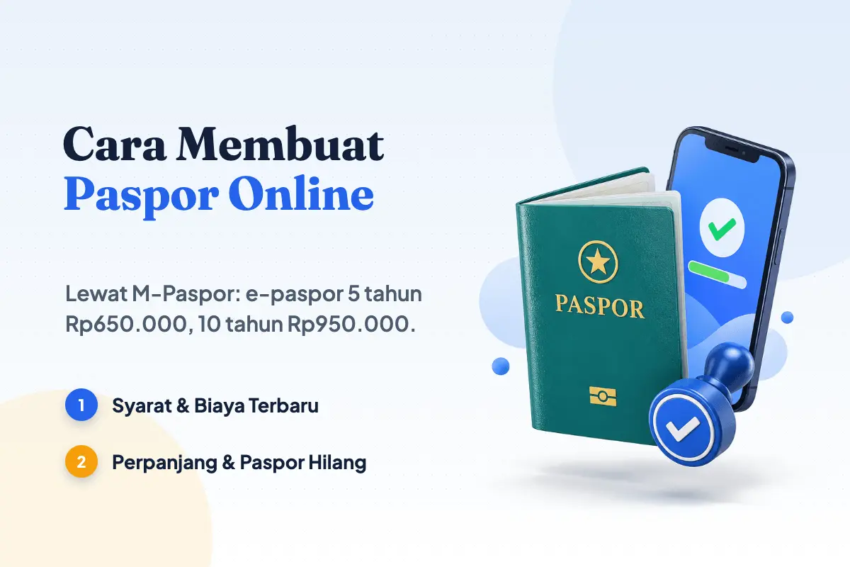 Buku paspor elektronik hijau berlogo chip, ponsel untuk daftar paspor online, dan stempel tanda paspor disetujui