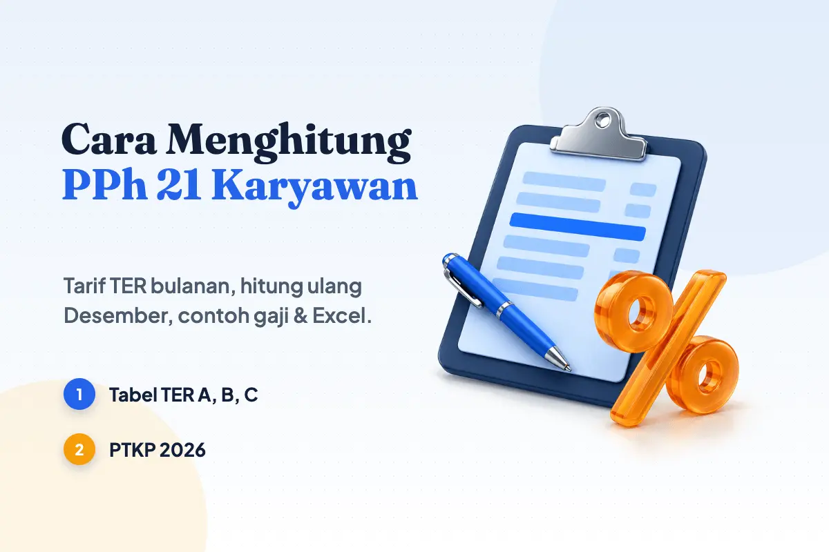 Papan klip navy berisi slip gaji biru muda dengan simbol persen oranye, ilustrasi cara menghitung PPh 21 karyawan