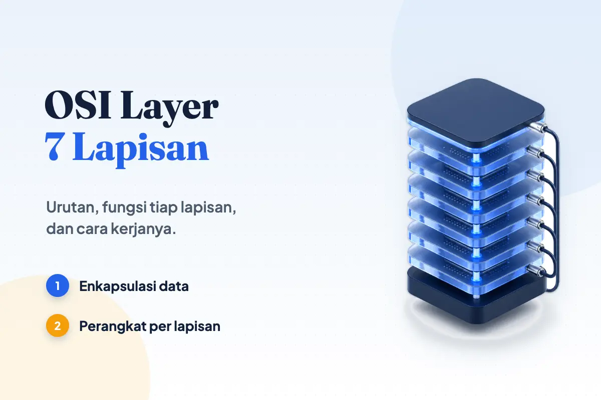 Ilustrasi tumpukan tujuh lapisan jaringan bertingkat dengan jalur data, sampul panduan model OSI