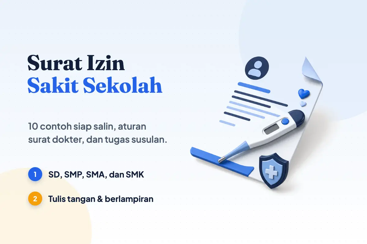 Ilustrasi lembar surat izin sakit sekolah, termometer digital, dan perisai palang kesehatan sebagai sampul panduan