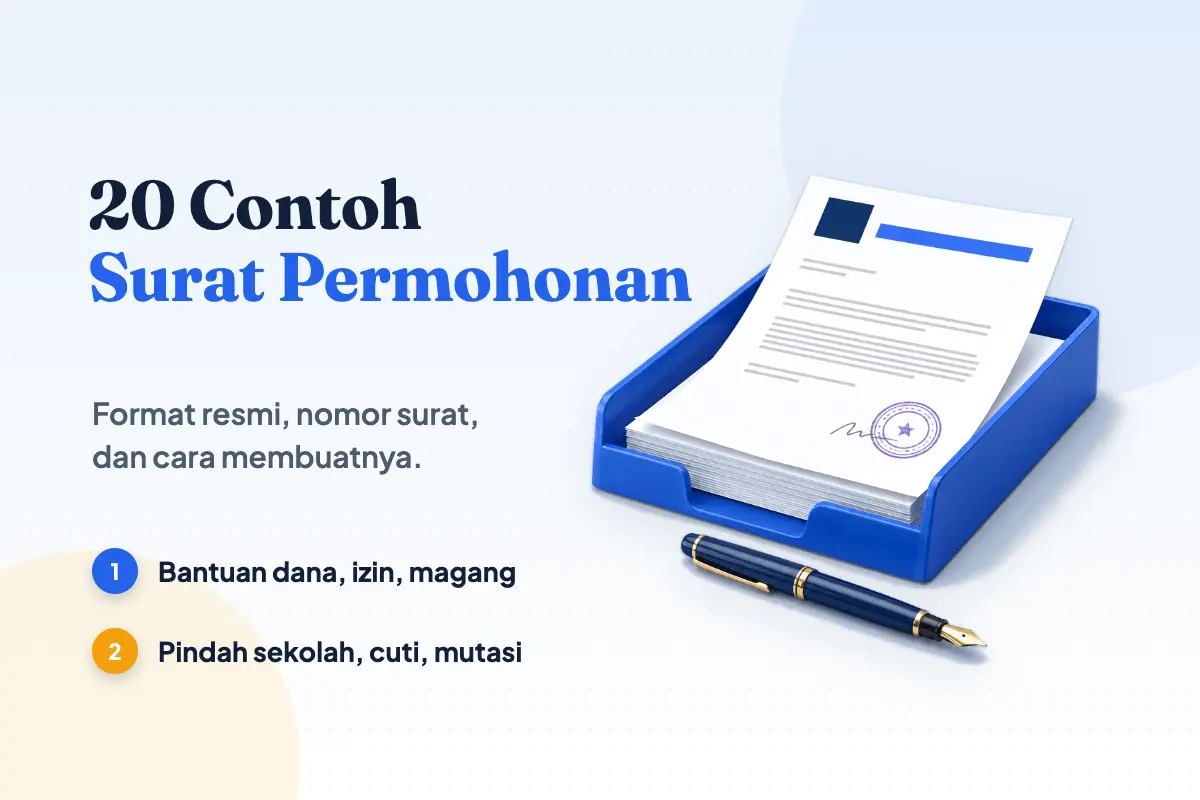 Baki surat biru berisi surat permohonan berkop yang sudah ditandatangani dan diberi cap basah ungu, dengan pena tinta