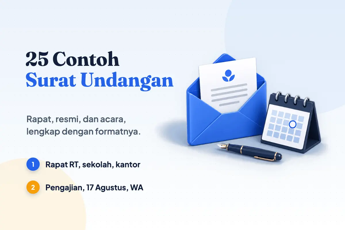 Amplop biru terbuka berisi kartu surat undangan berlogo, kalender meja dengan satu tanggal dilingkari, dan pena tinta