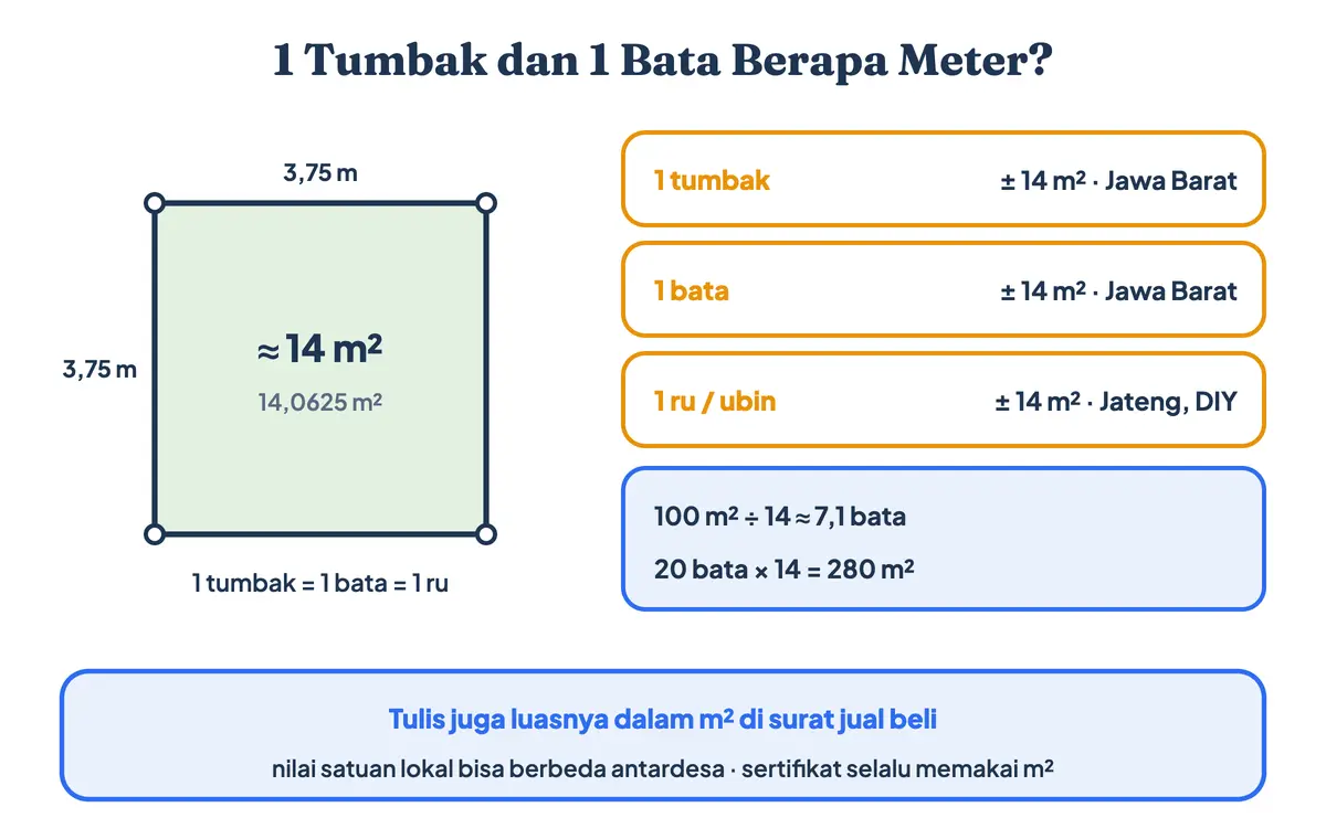 1 bata berapa meter dan 1 tumbak berapa meter: bujur sangkar 3,75 × 3,75 meter setara sekitar 14 meter persegi, beserta contoh konversinya