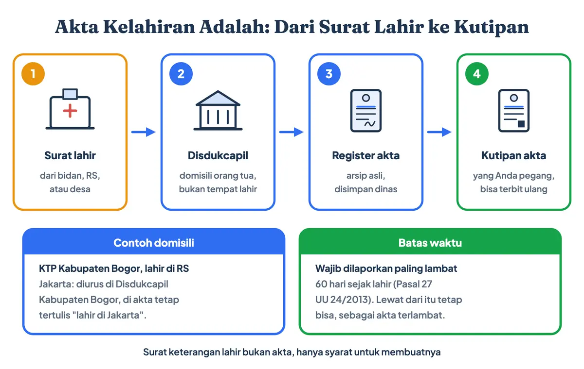 Akta kelahiran adalah kutipan dari register akta di Disdukcapil: surat keterangan lahir dari bidan, rumah sakit, atau desa diajukan ke Disdukcapil domisili orang tua, dicatat di register, lalu terbit kutipan akta kelahiran yang bisa diterbitkan ulang