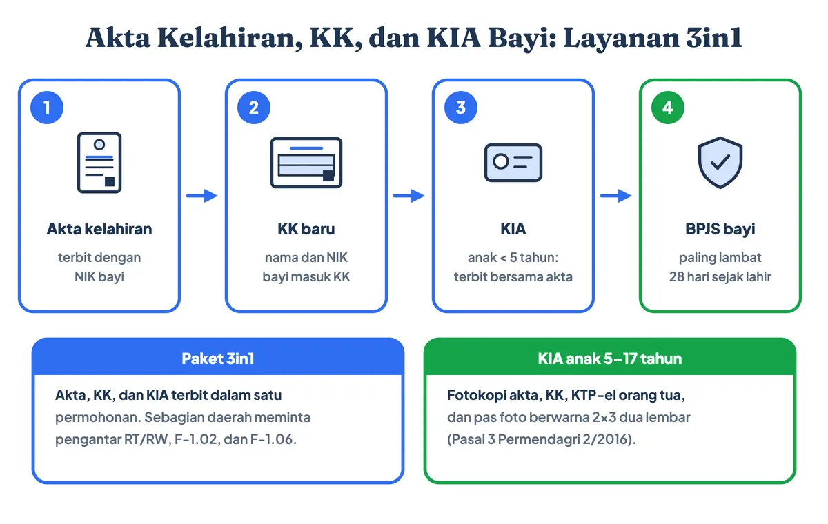 Akta kelahiran, KK, dan KIA (Kartu Identitas Anak) bayi baru lahir dalam layanan 3in1: akta kelahiran terbit dengan NIK bayi, nama bayi masuk KK baru, KIA terbit, lalu bayi didaftarkan BPJS paling lambat 28 hari