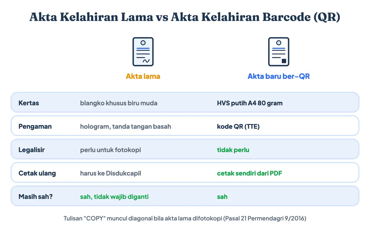 Akta kelahiran lama vs akta kelahiran baru ber-QR: akta lama di blangko biru muda dengan hologram perlu legalisir akta kelahiran untuk fotokopinya, akta baru di HVS A4 dengan kode QR tidak perlu legalisir dan bisa dicetak ulang