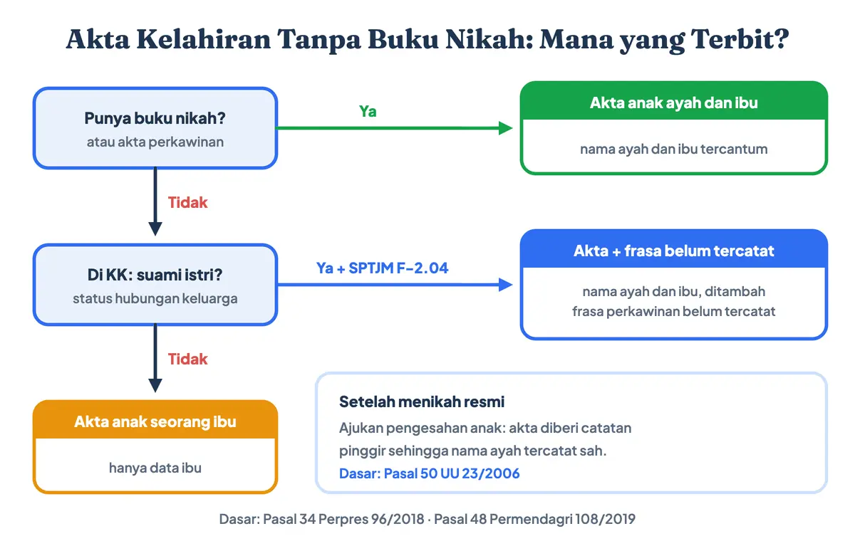 Akta kelahiran tanpa buku nikah atau nikah siri: bila buku nikah ada terbit akta anak ayah dan ibu, bila di KK tercatat suami istri isi SPTJM F-2.04 untuk akta dengan frasa belum tercatat, bila tidak terbit akta kelahiran anak seorang ibu, yaitu akta kelahiran tanpa nama ayah