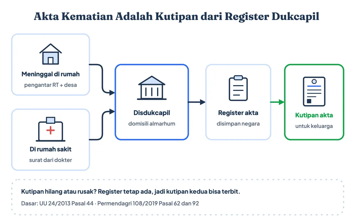 Apa itu akta kematian dan cara membuat surat kematian: surat pengantar RT dan surat kematian dari rumah sakit atau surat kematian dari desa diajukan ke Disdukcapil domisili almarhum, dicatat di register, lalu terbit kutipan akta kematian