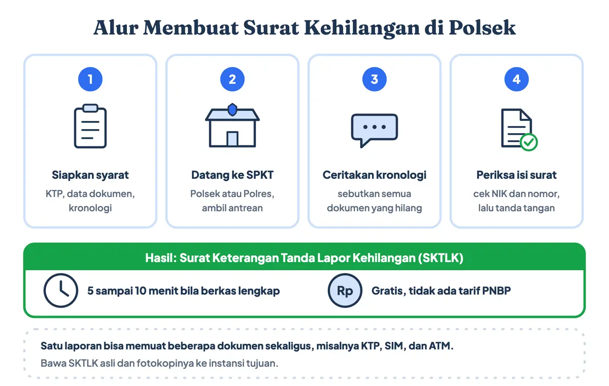 Cara buat surat kehilangan di Polsek, atau cara mengurus surat kehilangan di kantor polisi, dalam empat langkah: siapkan syarat, datang ke SPKT, ceritakan kronologi, lalu periksa isi SKTLK sebelum ditandatangani; gratis dan selesai 5 sampai 10 menit