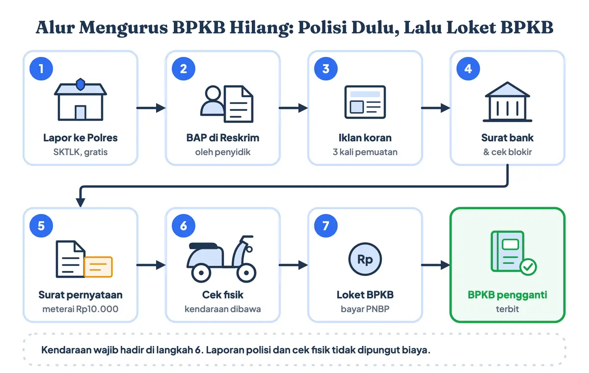 Alur cara urus BPKB hilang atau cara membuat BPKB yang hilang: lapor ke Polres untuk surat kehilangan BPKB, BAP di Reskrim, iklan koran, surat bank, surat pernyataan, cek fisik, lalu loket BPKB; mengurus BPKB hilang online belum bisa