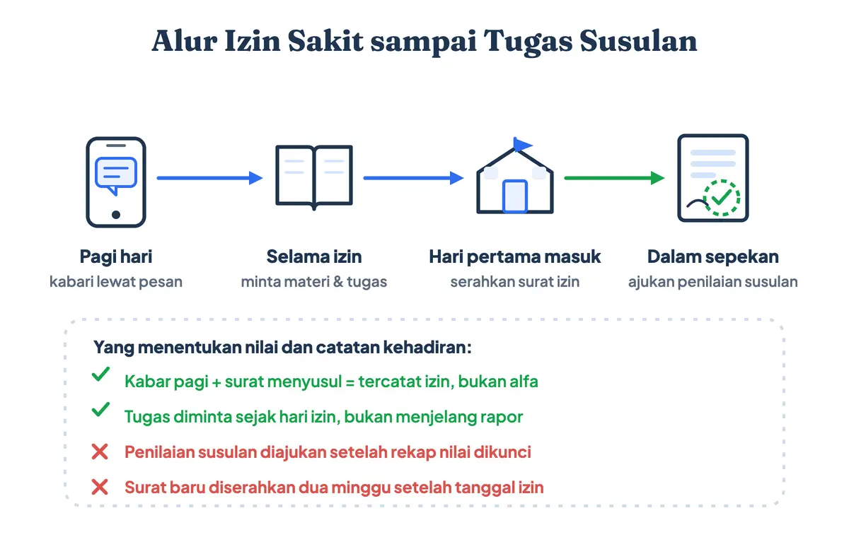 Alur izin sakit sekolah dari kabar pagi lewat pesan, penyerahan surat saat masuk kembali, sampai pengajuan tugas dan penilaian susulan