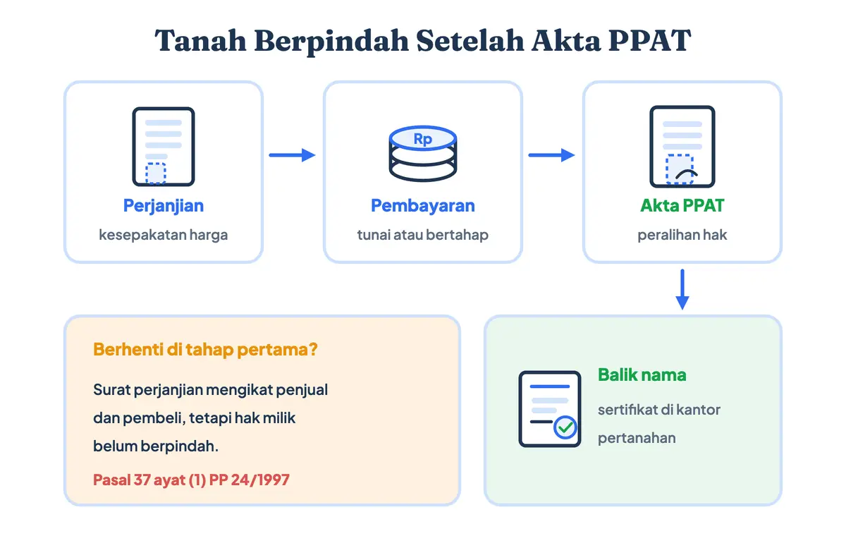 Alur jual beli tanah dari surat perjanjian pengikatan jual beli, pelunasan, akta jual beli di PPAT, sampai balik nama sertifikat di kantor pertanahan