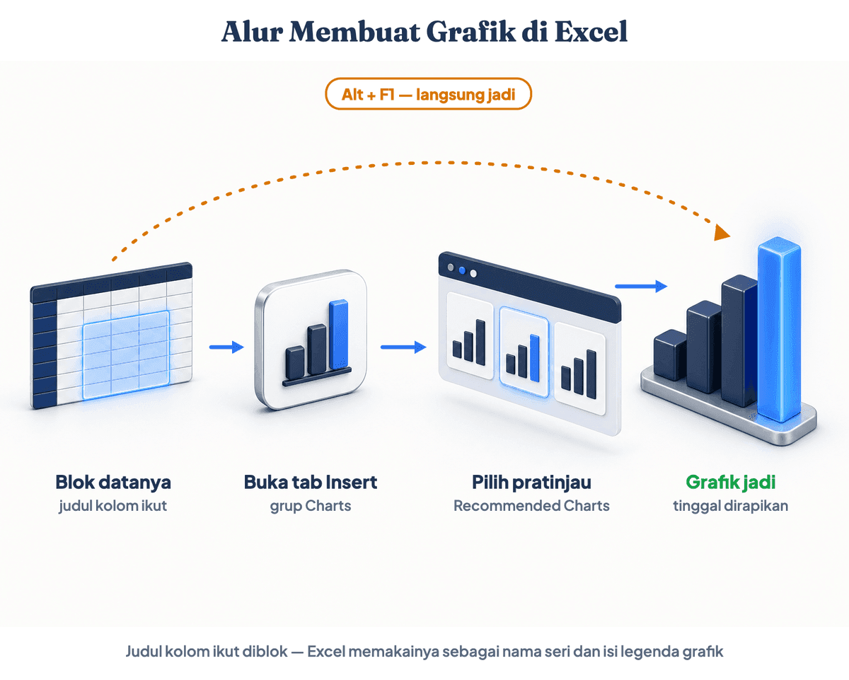 Alur cara membuat grafik di Excel: blok data beserta judul kolom, buka tab Insert, pilih Recommended Charts, lalu grafik garis tren penjualan langsung jadi