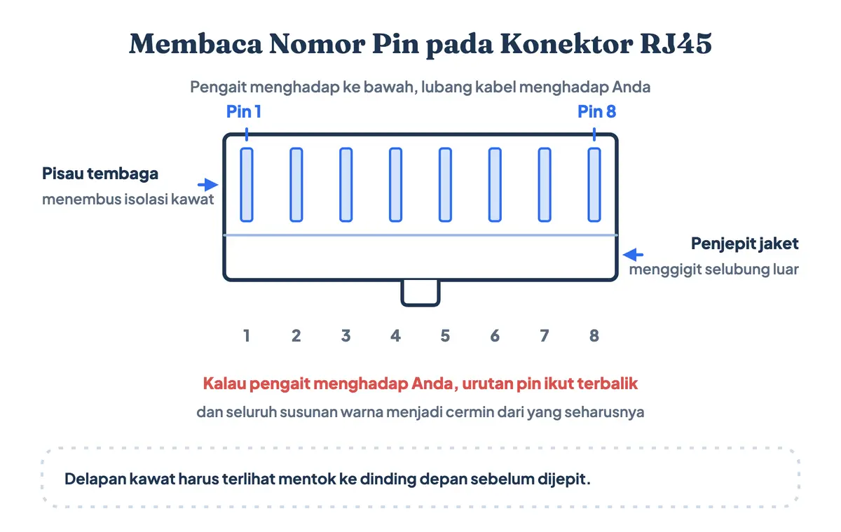 Gambar konektor RJ45 tampak depan dengan pengait menghadap bawah: urutan nomor pin 1 di kiri sampai pin 8 di kanan, delapan pisau tembaga di bagian depan, dan penjepit jaket kabel UTP di belakang