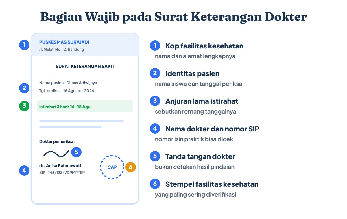 Bagian wajib surat keterangan dokter untuk sekolah: kop fasilitas kesehatan, identitas pasien, anjuran lama istirahat, nomor SIP dokter, tanda tangan, dan stempel