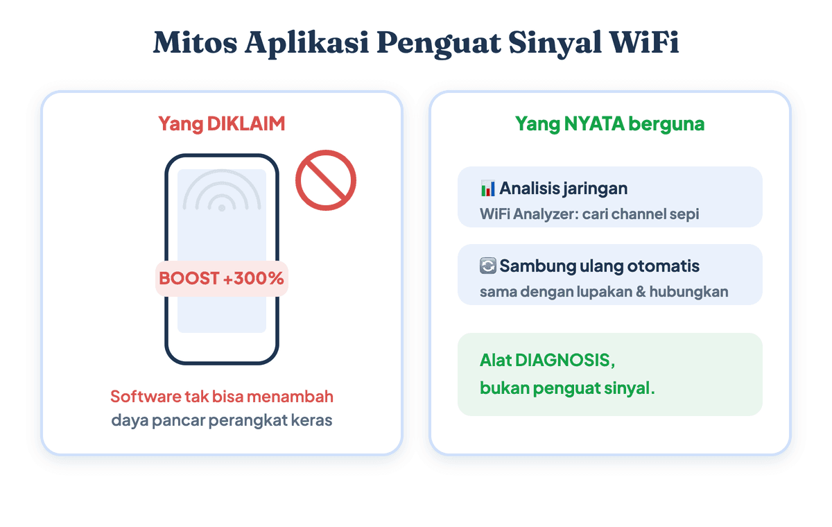 Ilustrasi mitos aplikasi penguat sinyal WiFi yang tidak menambah daya pancar router