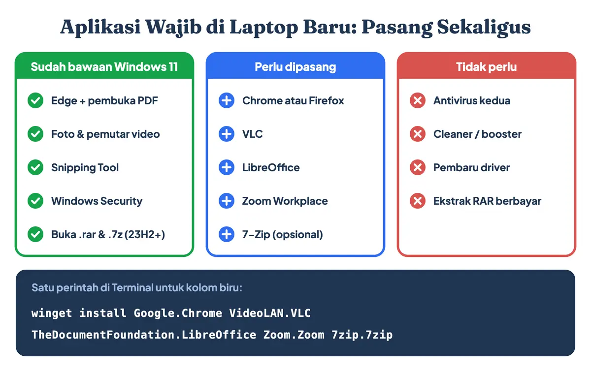 Aplikasi wajib di laptop baru: yang sudah bawaan Windows 11, daftar download aplikasi untuk laptop yang perlu dipasang lewat satu perintah winget, dan aplikasi yang tidak perlu dipasang