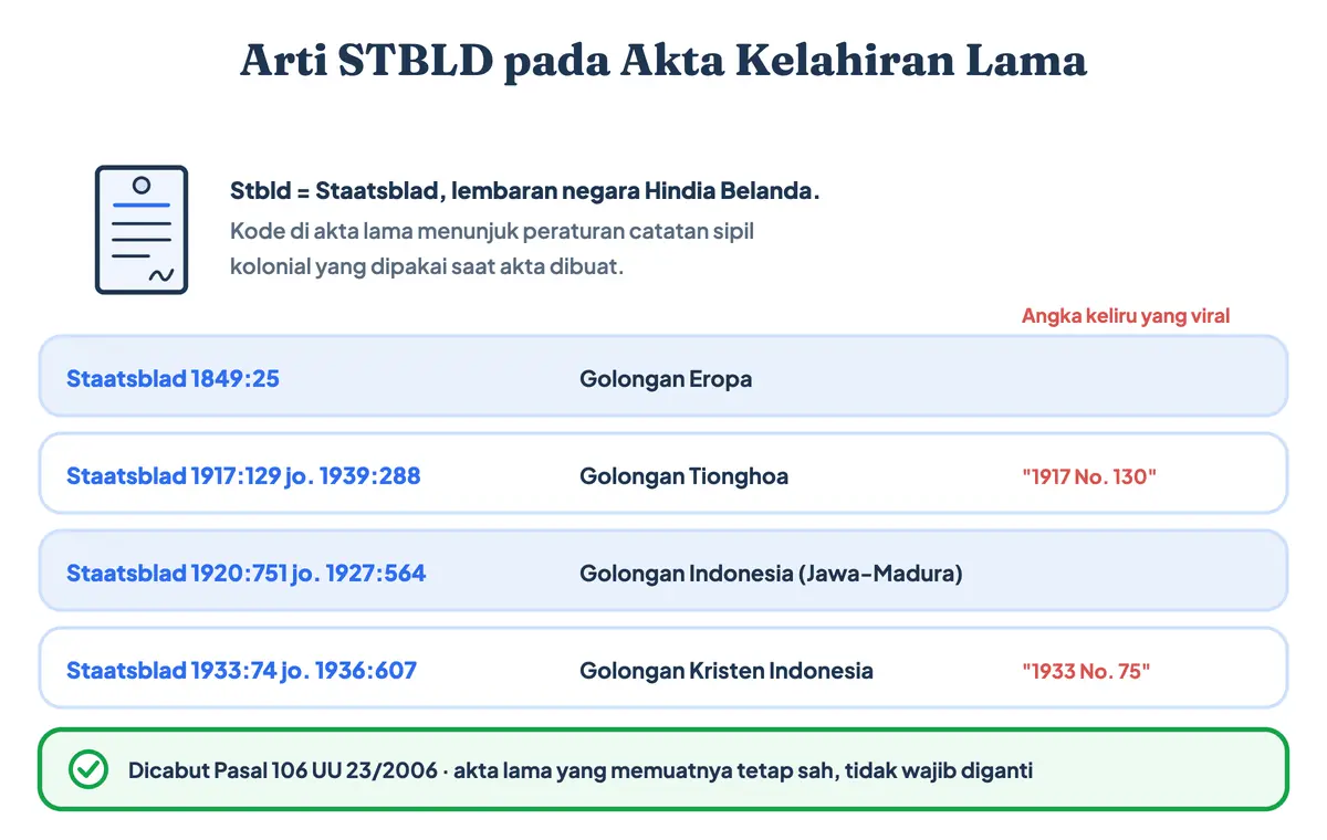 Arti kode STBLD akta kelahiran lama: Staatsblad 1849:25 untuk golongan Eropa, 1917:129 Tionghoa, 1920:751 Indonesia, dan 1933:74 Kristen Indonesia, dicabut Pasal 106 UU 23/2006 sehingga akta lama tetap sah