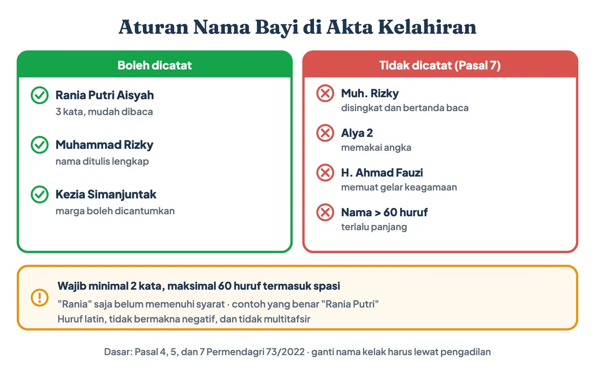 Aturan nama bayi saat pembuatan akta kelahiran menurut Permendagri 73/2022: minimal dua kata, maksimal 60 huruf termasuk spasi, tanpa angka, tanpa tanda baca, tidak disingkat, dan tanpa gelar