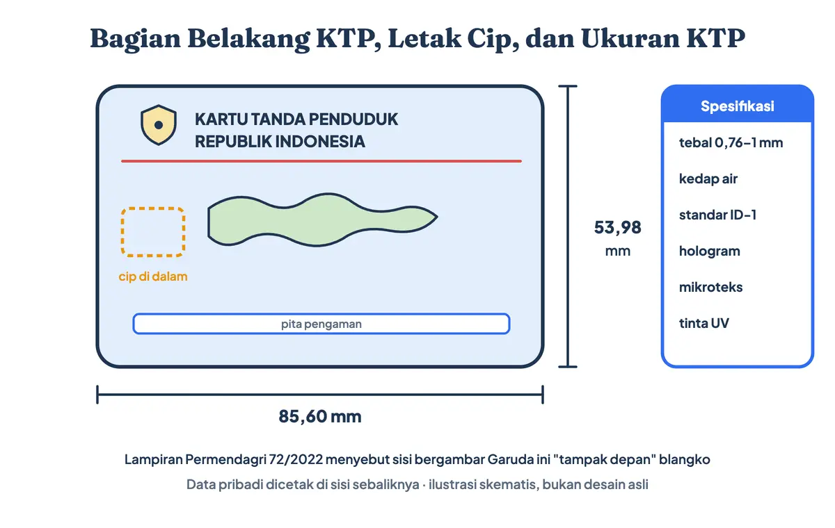 Bagian belakang KTP elektronik bergambar lambang dan peta Indonesia, letak chip KTP di sisi kiri dalam kartu, dan ukuran KTP 85,60 x 53,98 mm dengan tebal 0,76 sampai 1 mm