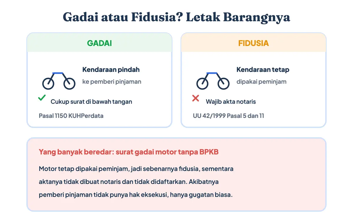 Perbedaan gadai dan fidusia pada surat perjanjian gadai, gadai menyerahkan barangnya kepada pemberi pinjaman sedangkan fidusia menuntut akta notaris dan pendaftaran