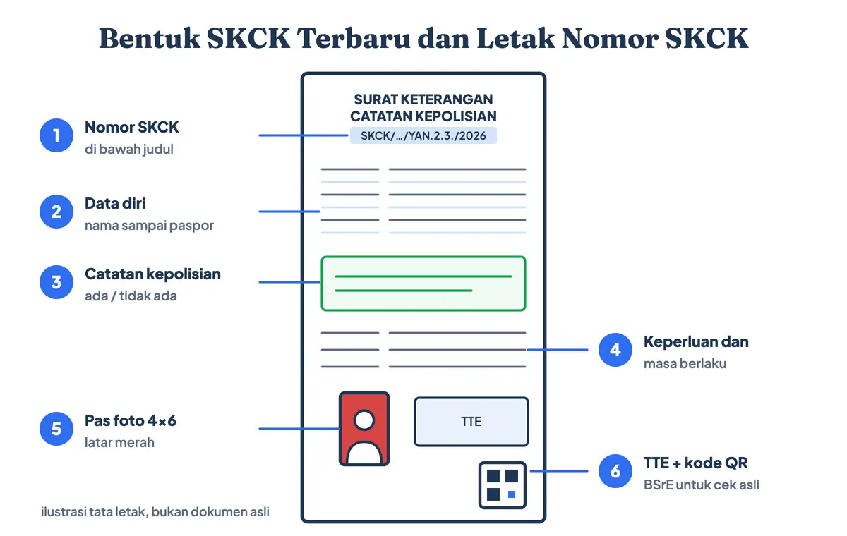 Bentuk SKCK terbaru dan contoh SKCK online sesuai lampiran Perpol 1 tahun 2026: nomor SKCK yang mana dan letaknya di bawah judul, data diri, catatan kepolisian, keperluan, masa berlaku, pas foto, dan kode QR BSrE
