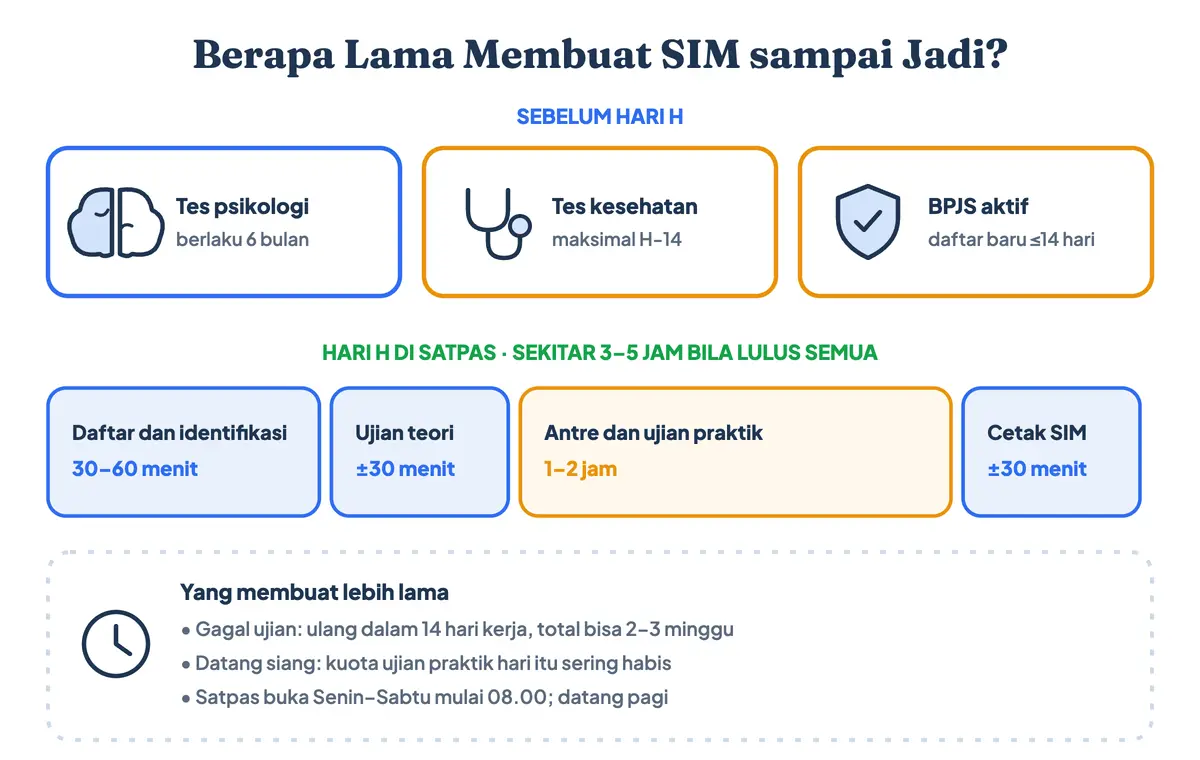 Berapa lama membuat SIM: tes psikologi bisa jauh hari, tes kesehatan maksimal 14 hari sebelum ujian, di hari H pendaftaran, ujian teori, ujian praktik, dan cetak SIM selesai sekitar 3 sampai 5 jam bila lulus semua
