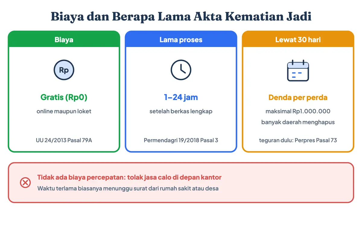 Biaya dan berapa lama akta kematian jadi: gratis sesuai Pasal 79A UU 24/2013, selesai 1 sampai 24 jam setelah berkas lengkap, dan denda keterlambatan lebih dari 30 hari mengikuti peraturan daerah