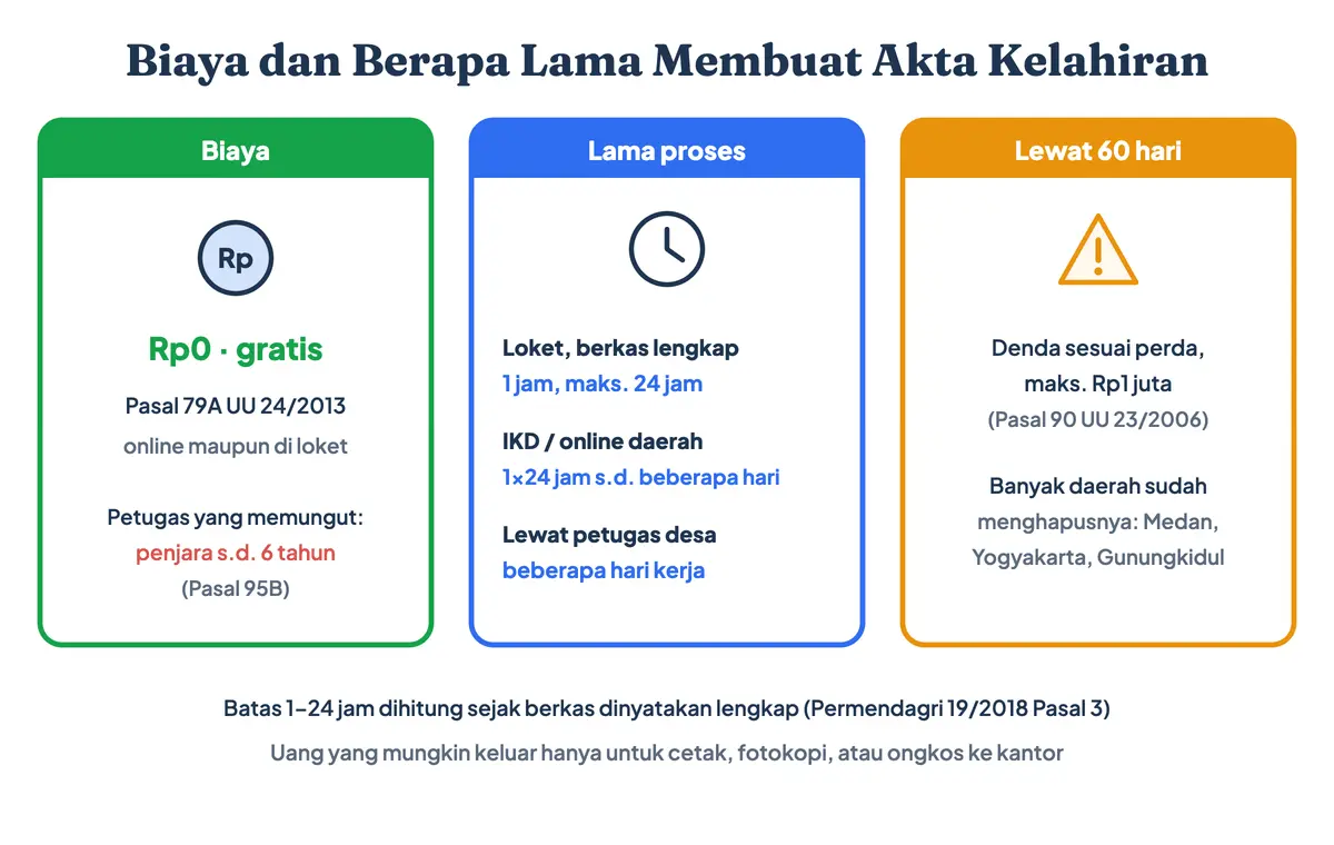 Biaya dan berapa lama membuat akta kelahiran atau akte kelahiran: gratis sesuai Pasal 79A UU 24/2013, selesai 1 sampai 24 jam di loket, 1x24 jam sampai beberapa hari bila online, dan denda keterlambatan bergantung perda