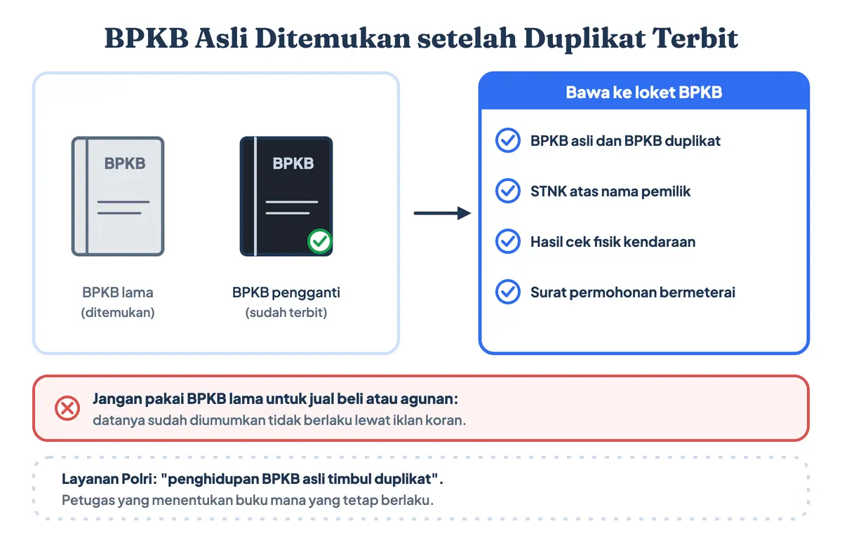 BPKB asli ditemukan setelah BPKB duplikat terbit: jangan pakai BPKB lama, bawa kedua buku, STNK, hasil cek fisik, dan surat permohonan ke loket BPKB untuk layanan penghidupan BPKB