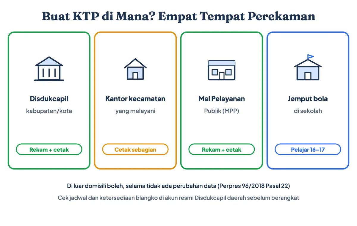 Buat KTP di mana: kantor Disdukcapil kabupaten/kota, kantor kecamatan, Mal Pelayanan Publik, dan layanan jemput bola perekaman KTP di sekolah