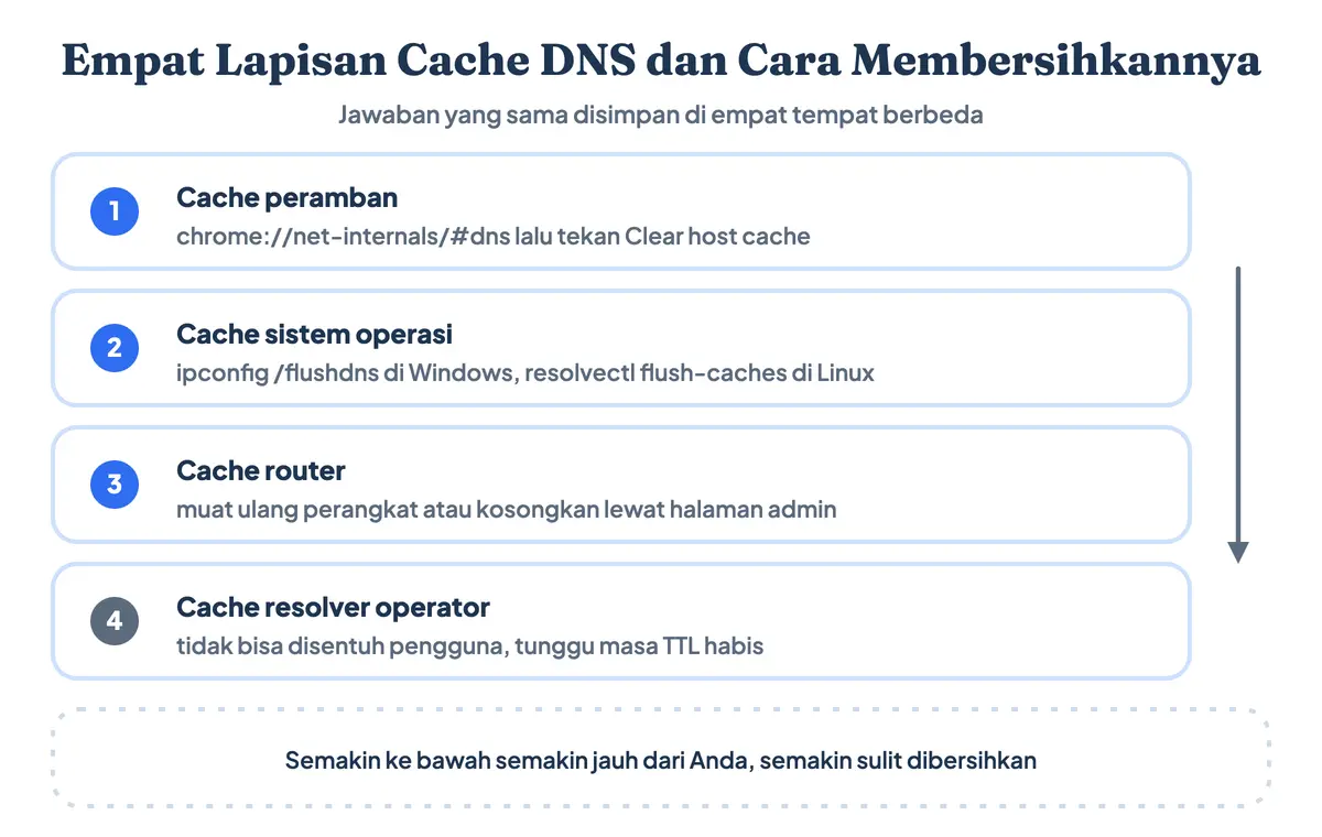 Empat lapisan cache DNS di peramban Chrome, sistem operasi, router, dan resolver operator beserta perintah flush DNS lewat CMD di tiap lapisan
