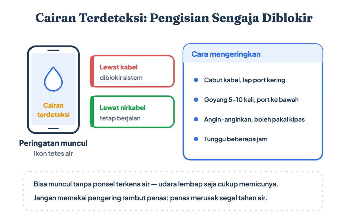 Peringatan cairan terdeteksi memblokir pengisian daya lewat kabel, sementara pengisian nirkabel tetap berjalan