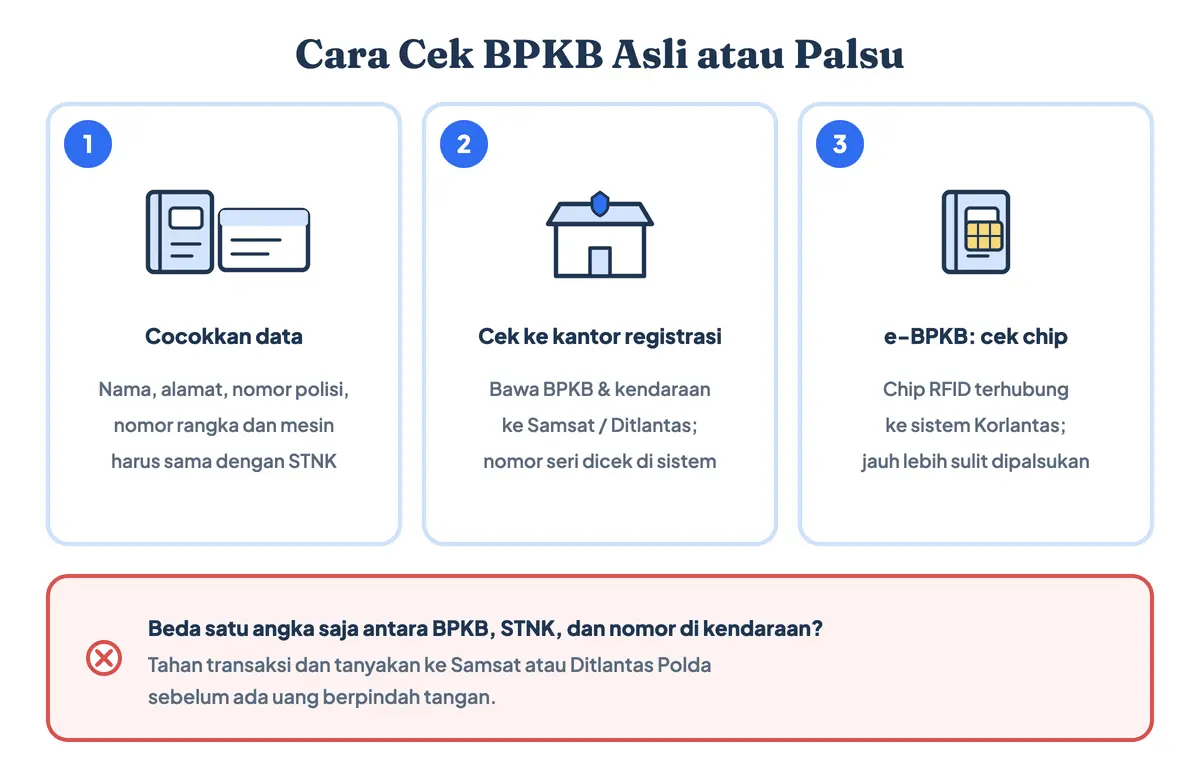 Cara cek BPKB asli atau palsu: cocokkan data BPKB dengan STNK dan kendaraan, cek nomor seri ke Samsat atau Ditlantas Polda, dan periksa chip pada BPKB elektronik