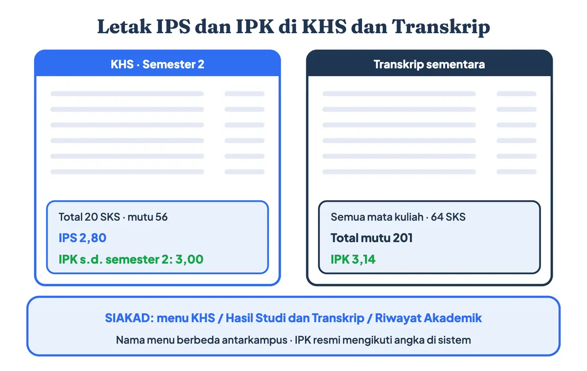 Cara cek IPK di KHS dan transkrip: KHS menampilkan IPS dan IPK sampai semester itu, transkrip menampilkan semua mata kuliah dan IPK terakhir