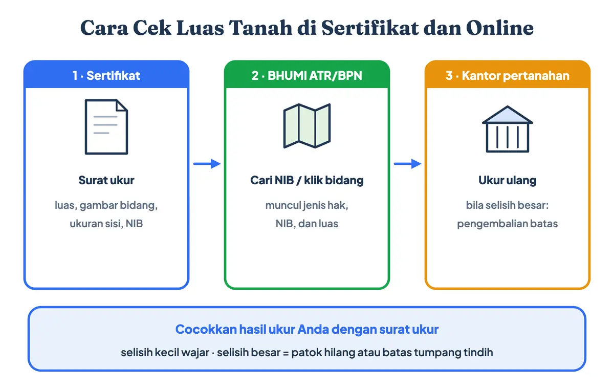 Cara cek luas tanah di sertifikat lewat surat ukur, di BHUMI ATR/BPN dengan NIB, dan pengukuran ulang di kantor pertanahan