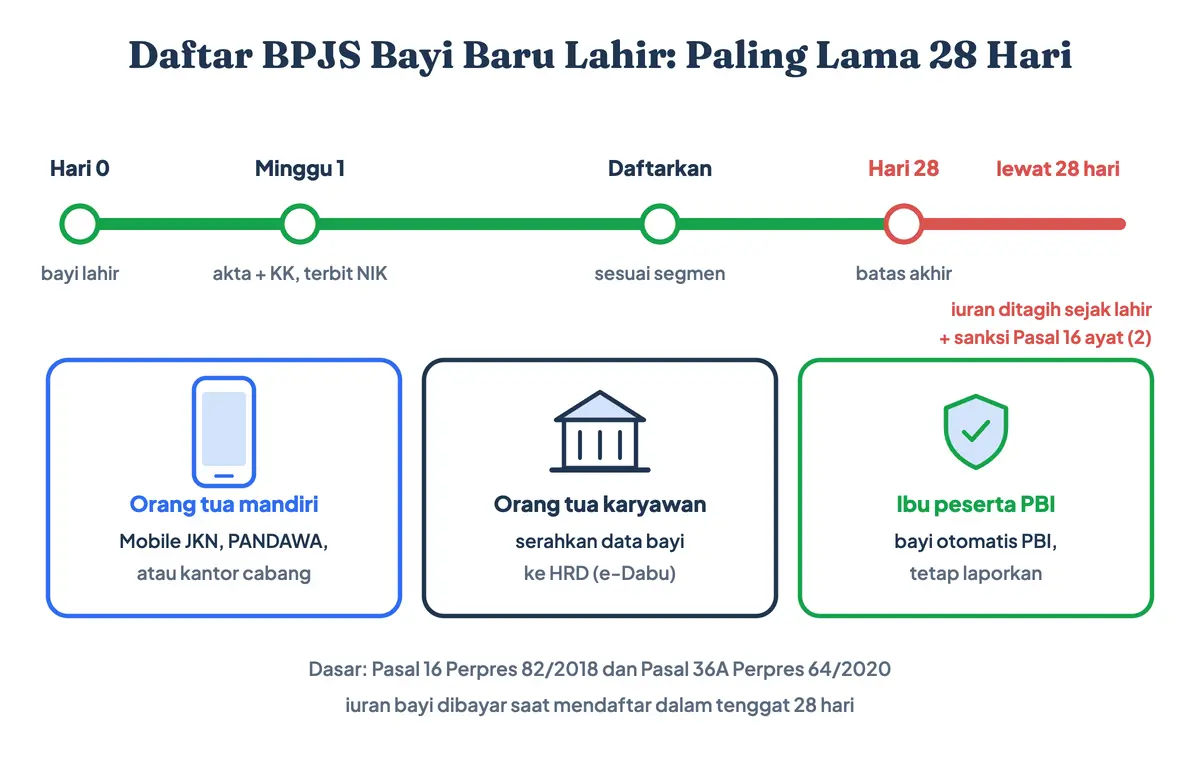 Cara daftar BPJS bayi baru lahir paling lama 28 hari sejak lahir, juga cara daftar BPJS anak: urus akta dan KK agar bayi punya NIK, lalu daftar BPJS bayi baru lahir online lewat Mobile JKN atau PANDAWA bila orang tua mandiri, lewat HRD bila karyawan, atau otomatis PBI bila ibu peserta PBI; lewat 28 hari iuran ditagih sejak lahir