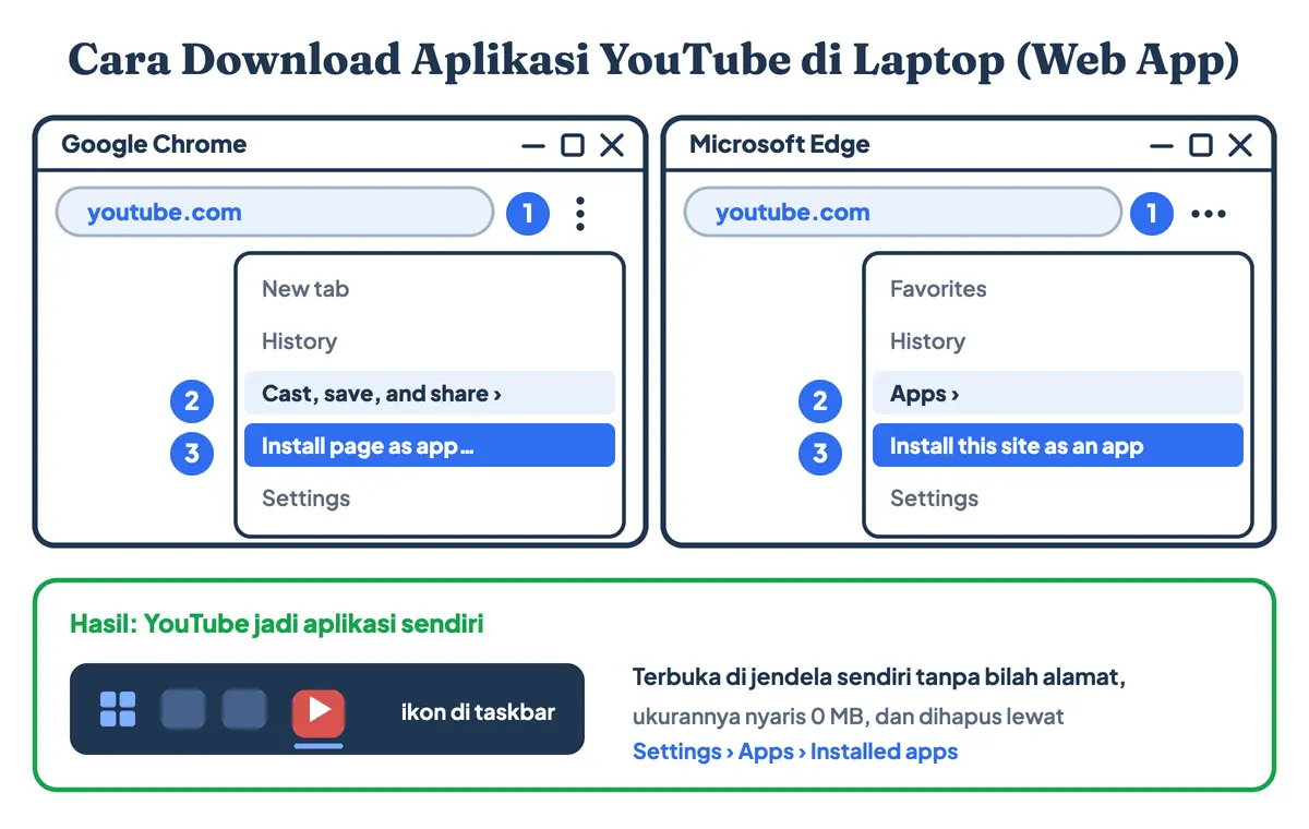Cara download aplikasi YouTube di laptop sebagai aplikasi web: di Chrome buka menu Cast, save, and share lalu Install page as app, di Edge buka menu Apps lalu Install this site as an app