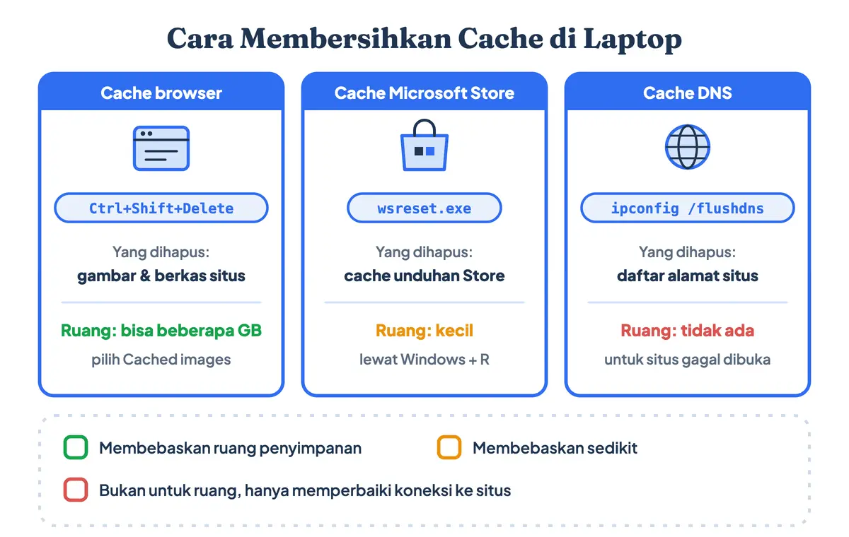 Cara membersihkan cache laptop dibagi tiga, sekaligus cara menghapus cache di laptop per jenisnya: cache browser lewat Ctrl + Shift + Delete, cache Microsoft Store lewat wsreset, dan cache DNS lewat ipconfig flushdns