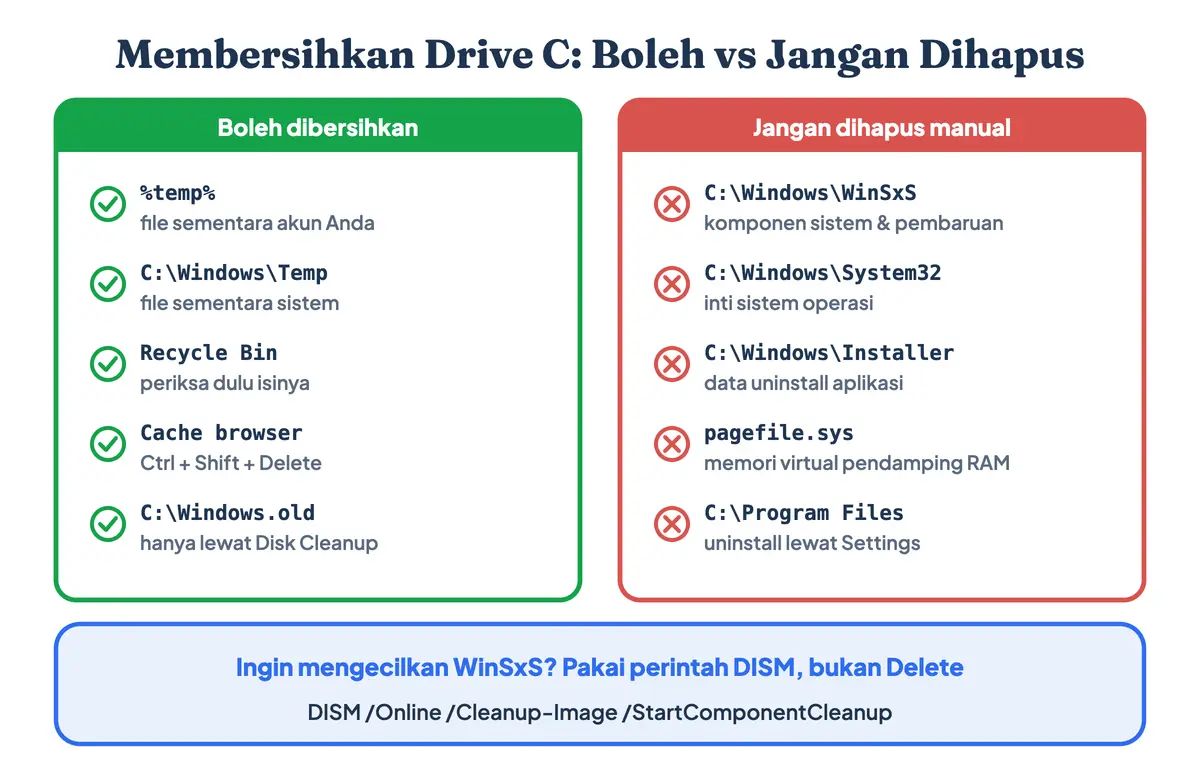 Cara membersihkan drive C yang penuh dengan aman: Temp, Recycle Bin, dan cache boleh dibersihkan, sedangkan WinSxS, System32, Windows Installer, pagefile.sys, dan Program Files tidak boleh dihapus manual