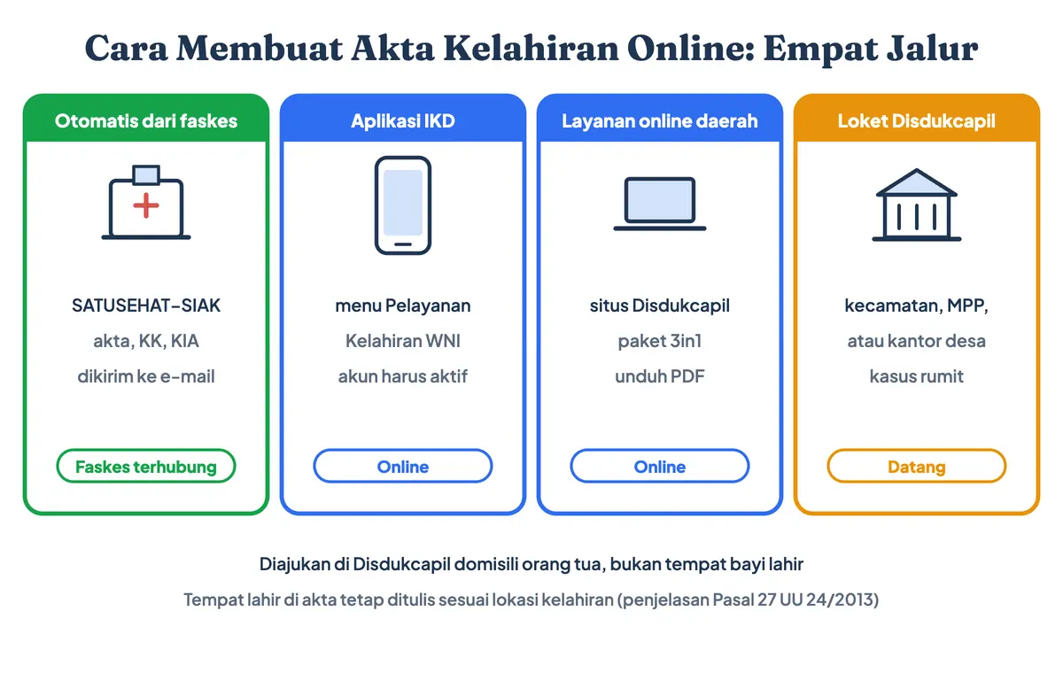 Cara membuat akta kelahiran online: empat jalur pengajuan, yaitu otomatis dari rumah sakit atau puskesmas lewat SATUSEHAT-SIAK, aplikasi IKD, layanan online Disdukcapil daerah, dan loket Disdukcapil atau kecamatan