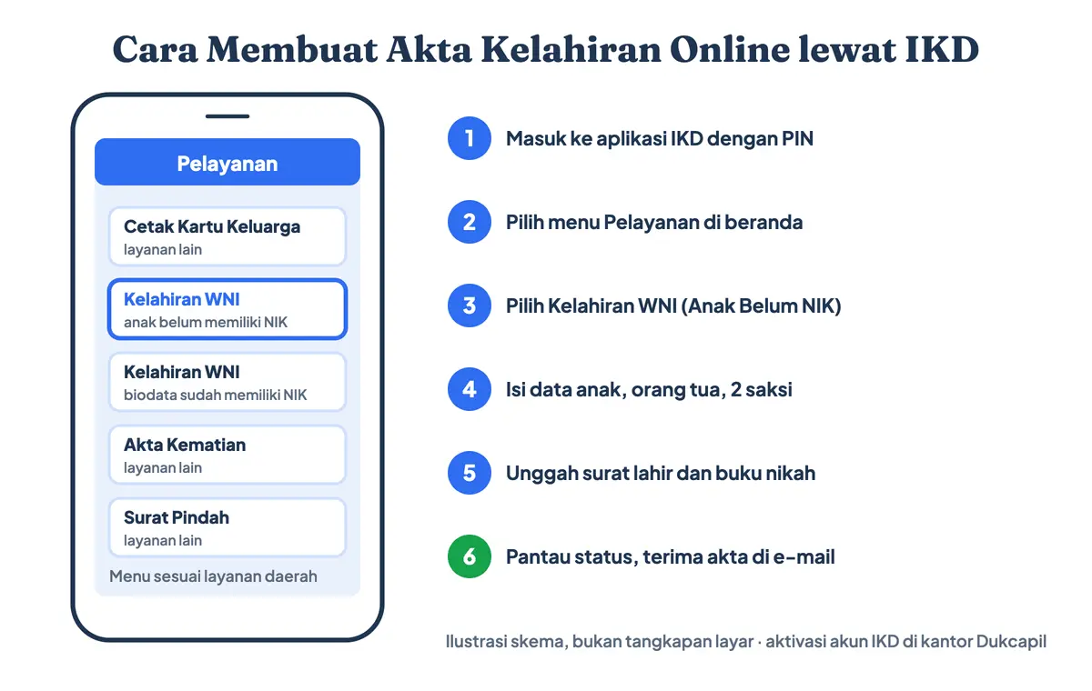 Cara membuat akta kelahiran online lewat aplikasi IKD: buka menu Pelayanan, pilih Kelahiran WNI anak belum memiliki NIK, isi data anak orang tua dan saksi, unggah surat keterangan lahir, lalu terima akta lewat e-mail