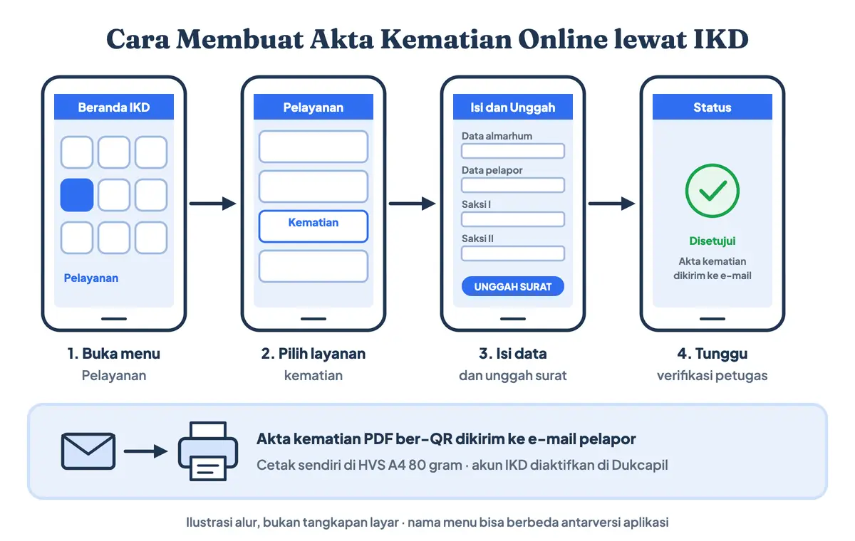 Cara membuat akta kematian online lewat aplikasi IKD: buka menu Pelayanan, pilih layanan kematian, isi data almarhum pelapor dan dua saksi, unggah surat kematian, lalu akta kematian dikirim ke e-mail