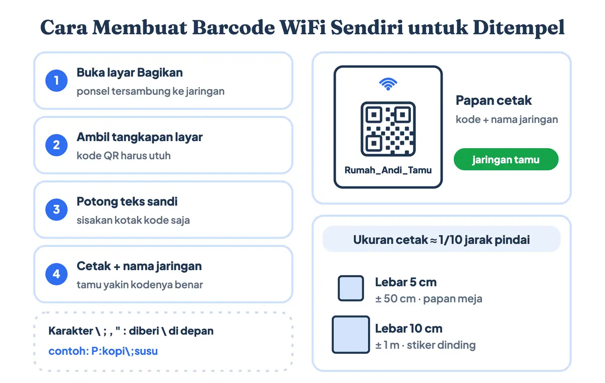 Cara membuat barcode WiFi sendiri dan gambar kode QR WiFi siap cetak: tangkapan layar menu Bagikan, potong teks sandi, cetak dengan nama jaringan, serta aturan karakter khusus dan ukuran cetak kode QR